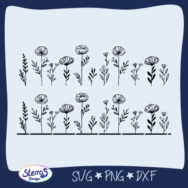Digitale Datei-Vorschau im SVG-/PNG-/DXF-Format, mit mehreren gezeichneten Blumenstielen in schwarzer Umrissoptik auf weiß-blauem Hintergrund.