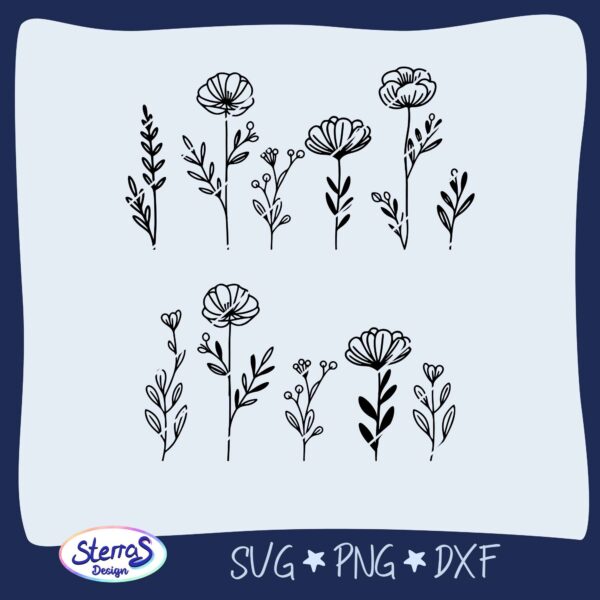 Florale Line-Art-Blumen in schwarzem Stil, übersichtlich angeordnet als Vorschau digitaler Design-Dateien im SVG, PNG und DXF Format.