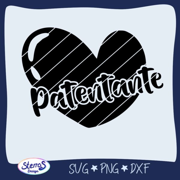 Herzgrafik mit dem diagonalen Schriftzug „Patentante“, digitale Vorschau mit blauem Rahmen und Logo.