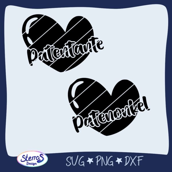 Zeigt beide Varianten des Designs – einmal mit „Patentante“, einmal mit „Patenonkel“. Beide Herzen sind in Schwarz auf hellblauem Hintergrund dargestellt, umrahmt von einem blauen Rahmen, unten links das SterrasDesign-Logo, daneben die Dateiformate SVG, PNG, DXF.