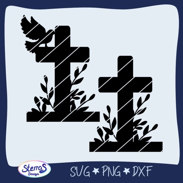 Vorschaubild der Datei: Zwei Kreuze mit Blumen rechts und links. Eins davon enthält zusätzlich einen Vogel, der auf dem Kreuz sitzt. Unten ist ein Balken, damit es mit Klötzchen benutzt werden kann. Das Design ist in schwarz auf einem hellblauen Hintergrund dargestellt und umgeben von einem dunkelblauen Rahmen. Unten links befindet sich das Logo von SterrasDesign und rechts daneben die Formate: SVG, DXF und PNG.