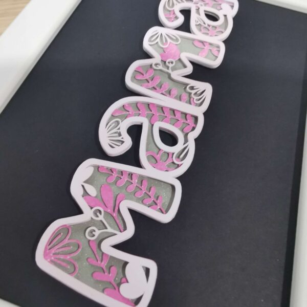 Nahaufnahme: mehrschichtiger Schriftzug „Mama“ in Rosa und Weiß auf schwarzem Hintergrund. Florale Motive, plastisch wirkend – hochwertige Papeteriearbeit mit Tiefenwirkung.