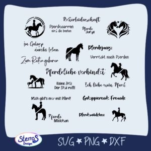 Digitale Vorschau mit 21 unterschiedlichen Pferde-Designs: Silhouetten und Sprüche wie „Pferdemädchen“, „Verrückt nach Pferden“, „Ich liebe mein Pferd“ oder „Keine Zeit, der Stall ruft“. Umrahmt von blauem Rahmen mit Logo „SterrasDesign“ unten links und Dateiformaten SVG, PNG, DXF.
