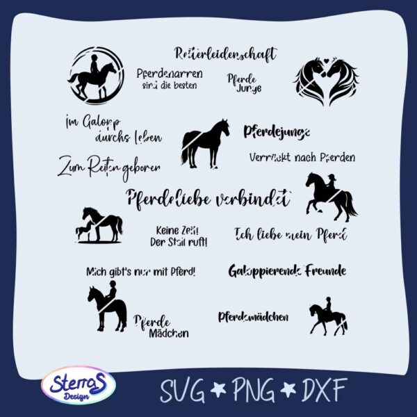 Digitale Vorschau mit 21 unterschiedlichen Pferde-Designs: Silhouetten und Sprüche wie „Pferdemädchen“, „Verrückt nach Pferden“, „Ich liebe mein Pferd“ oder „Keine Zeit, der Stall ruft“. Umrahmt von blauem Rahmen mit Logo „SterrasDesign“ unten links und Dateiformaten SVG, PNG, DXF.
