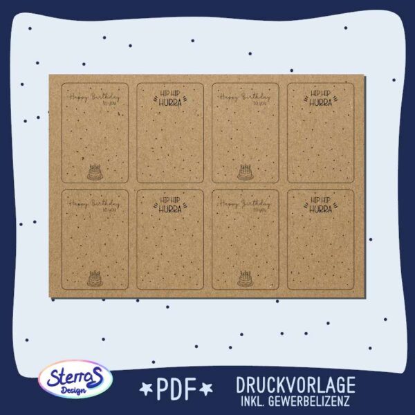Detailansicht einer kleineren Version der PDF-Druckvorlage für Geschenkkarten zum Geburtstag. Mit Rahmen, Logo von Sterras Design und Angabe: PDF-Datei mit Gewerbelizenz.