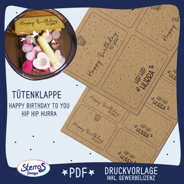 Happy Birthday to you & Hip Hip Hurra – Druckvorlage Tütenklappe