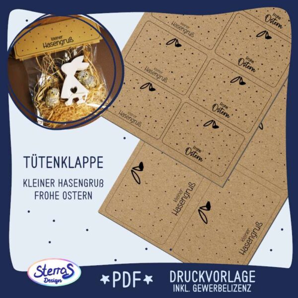Kleiner Hasengruß & Frohe Ostern - Druckvorlage Tütenklappe