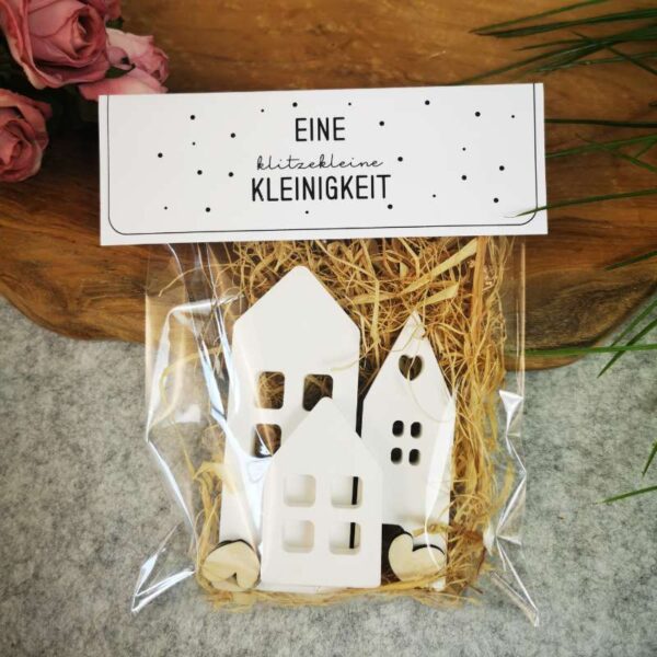 Kleines Mitbringsel in transparenter Geschenktüte, befüllt mit dekorativem Holzhäcksel und drei weißen Keramikhäusern in unterschiedlichen Größen. Oben ist ein gefalteter Geschenkanhänger mit der Aufschrift „Eine klitzekleine Kleinigkeit“ und kleinen schwarzen Punkten auf weißem Hintergrund angebracht. Seitlich im Bild sind Rosen und im unteren Bereich das Logo „Sterras Design“ zu sehen.