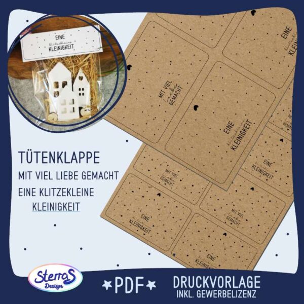 Digitales Produktvorschau-Bild mit zwei schräg eingelegten Druckvorlagen mit den Designs. Links oben ein Beispiel, wie die Vorlage gedruckt, in einer Tüte verpackt und mit 3 Raysin-Häusern dekoriert aussieht. Darunter befinden sich die beiden Aufschriften dieser Druckvorlage: „mit Liebe gemacht“ & „eine klitzekleine Kleinigkeit“. Umrahmt von einem Designrahmen mit Logo "Sterras Design" und Hinweisen auf PDF-Dateiformat, Druckvorlage und inklusive Gewerbelizenz.