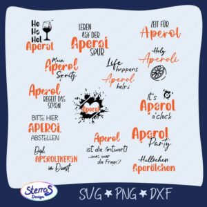 Übersicht über 14 digitale Untersetzer-Sprüche rund ums Thema Aperol, in Schwarz und Orange gestaltet. Umrahmt von einem blauen Rahmen mit dem Logo SterrasDesign unten links und den Dateiformaten SVG, PNG, DXF.