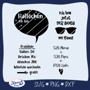 Digitale Übersicht der enthaltenen Dateien zur Geburt. Enthält u.a. eine Sprechblase mit „Hallöchen, ich bin …“, den Spruch „Ich bin jetzt der Boss im Haus“ mit Sonnenbrille, eine humorvolle Preisliste (Halten 5 €, Drücken 10 €, Küsschen 20 €, Windeln wechseln: Gratis) sowie den Spruch „50 % Mama + 50 % Papa = 100 % Liebe“. Umrahmt von dem typischen blauen Rahmen mit dem Logo von SterrasDesign unten links und den Dateiformaten SVG, PNG und DXF.