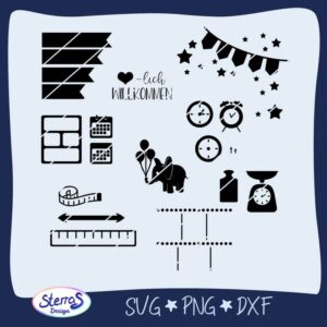 Digitales Vorschaubild eines Baby-Daten-Sets mit Symbolen wie Uhr, Kalender, Waage, Sternen, Elefant u.a. in Schwarz auf weißem Hintergrund. Umgeben von blauem Rahmen, unten links das Logo von SterrasDesign. Enthaltene Dateiformate: SVG, PNG, DXF, EPS.