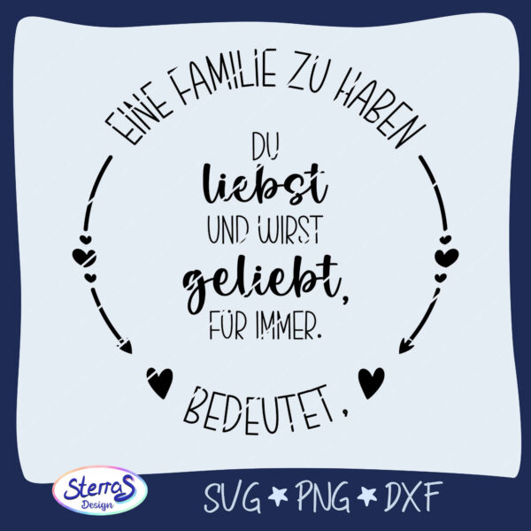 Großansicht des runden Designs mit dem Spruch „Eine Familie zu haben bedeutet, du liebst und wirst geliebt. Für immer.“ Mit blauem Rahmen, Logo unten links und Angabe der Dateiformate SVG, DXF, PNG.