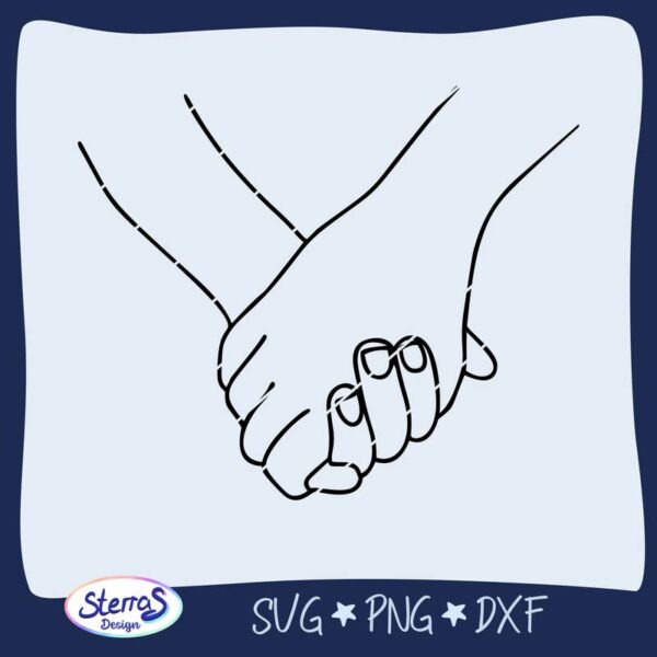 Digitale SVG-PNG-DXF-Dateivorschau mit minimalistischem Umrissdesign zweier ineinander verschränkter Hände – Symbol für Liebe und Zusammenhalt.