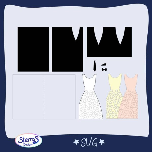 Digitale Datei mit SVG-Vorschau: Anzug, Kleid, Accessoires als Bastelvorlage. Umgeben von blauem Rahmen mit SterrasDesign-Logo unten links. Enthaltenes Format: SVG.