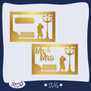 Digitale Vorschau von zwei Kartenvarianten in gold: Paar neben Bank mit Laterne und „Mr & Mrs“. Umgeben von blauem Rahmen, unten SterrasDesign-Logo. Enthaltenes Format: SVG.