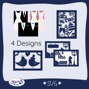 Digitale Produktvorschau: 4 Designvarianten (Kleid & Anzug, gleichgeschlechtliche Motive, „Mr & Mrs“-Designs). Umgeben von blauem Rahmen mit SterrasDesign-Logo unten links. Enthaltenes Format: SVG.