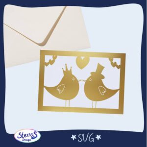 Zwei stilisierte Vögel aus goldenem Papier ausgeschnitten, auf weißem Kartenrohling befestigt. Ein Vogel trägt eine Krone, der andere einen Zylinder, die Schnäbel fast aneinander, dazwischen ein kleines Herz. Links oben im Bild liegt ein passender Briefumschlag. Umgeben von einem blauen Rahmen, SterrasDesign-Logo unten links, Dateiformat SVG mittig unten.