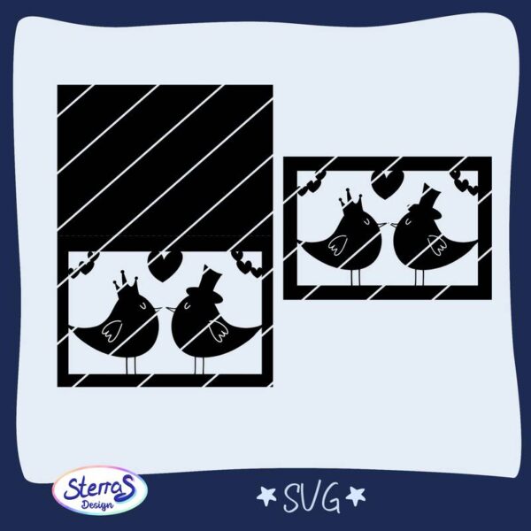 Digitale Vorschau des Designs in Schwarz. Links das komplette Kartenmotiv mit Vögeln, rechts daneben der Aufleger separat. Umrahmt vom blauen Rahmen, SterrasDesign-Logo unten links, SVG zentriert unten.