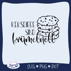 Digitale Vorschau des Schriftzugs „Keksdiebe – sind krümelnell“ mit Keksillustrationen auf der rechten Seite. Präsentiert in Schwarz, umgeben vom blauen Rahmen mit SterrasDesign-Logo unten links und den Dateiformaten SVG, PNG und DXF.