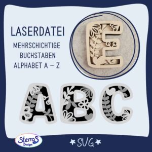 Laserdatei Buchstaben A–Z – florale Buchstaben mit Herz & Blume – mehrschichtig