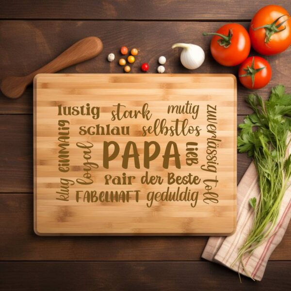 Holz-Schneidebrett mit eingraviertem Design „Papa + Eigenschaften“. Drumherum liegen Tomaten, eine kleine Zwiebel und Petersilie – rustikale Küchenatmosphäre mit personalisierter Gravur.