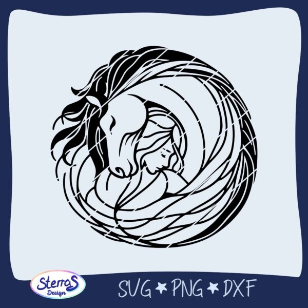 Digitale Vorschau einer Plottdatei mit kunstvoll gestalteter Darstellung eines Mädchens, das ein Pferd umarmt – motivisch in Kreisform angeordnet. Umgeben von einem dunkelblauen Rahmen mit Logo „Sterras Design“, Angabe der Dateiformate SVG, PNG und DXF sowie dem Hinweis auf das digitale Produkt.