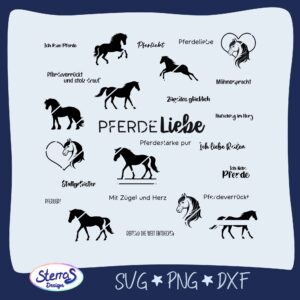 Digitale Vorschau mit 26 verschiedenen Pferde-Designs: Sprüche wie „Pferdeliebe“, „Pferdestärke pur“, „Zügellos glücklich“, „Ich liebe Reiten“ und Silhouetten von Pferden. Präsentiert im blauen Rahmen mit Logo „SterrasDesign“ unten links und Dateiformaten SVG, PNG und DXF.