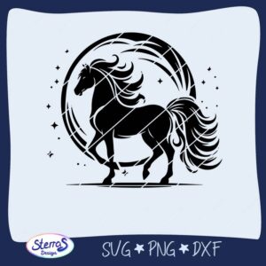 Digitales Vorschau-Bild des Designs in Schwarz auf weißem Hintergrund. Das Motiv zeigt das Pferd vor einem Mondkreis, umgeben von Sternen. Umrahmt von einem blauen Rahmen, unten links das SterrasDesign-Logo, rechts die Dateiformate: SVG, PNG, DXF.