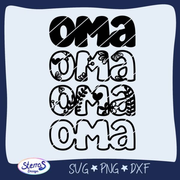 Digitale Datei: Schriftzug „Oma“ dargestellt mit allen 4 Layern: 2x dekorativer Schriftzug, 1x Vollflächig und 1x als Outline. Weißer Hintergrund mit blauem Rahmen, unten links SterrasDesign-Logo. Enthaltene Dateiformate: SVG, PNG, DXF.