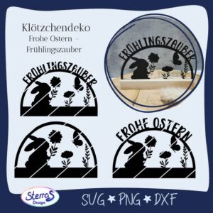 Klötzchen-Datei mit dem Designs Osterfreude im Ei, Frohe Ostern mit Hasenohren auf dem O und Frohe Ostern mit einem Hasen daneben, unten stabilisierender Balken für die Klötzchenoptik. Links die digitale Vorschau, rechts ein Beispiel aus schwarzem Acryl. Umrahmt vom typischen blauen Rahmen mit Logo SterrasDesign unten links und den Dateiformaten SVG, PNG und DXF.