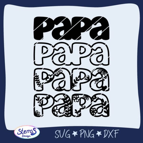 Darstellung der Digitale Datei: Schriftzug „Papa“ in dekorativem, zweischichtigen Stil mit Blumen- und Herzmuster. Bei dieser Darstellung sind alle 4 Layer einzeln dargestellt: 1x vollflächige Schickt, 1x Outline, 2x dekorative Schichten. Heller Hintergrund, umrahmt von Blau, unten links SterrasDesign-Logo. Enthaltene Formate: SVG, PNG, DXF.