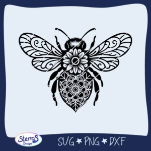 Produktvorschau digitale Datei: Biene im Mandala-Stil mit Blumen, schwarz, Formate SVG, PNG, DXF, im blauen Rahmen mit Logo