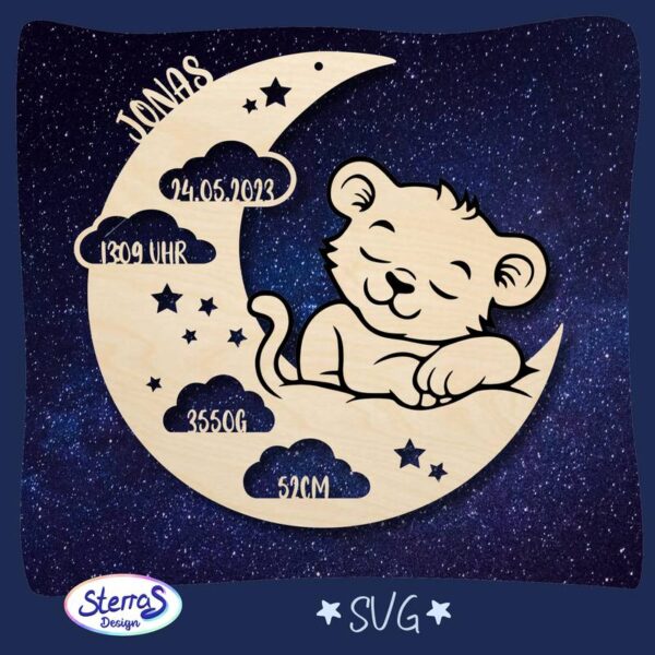 Rundes Holzschild mit Mond, Wolken, Sternen und Babylöwe, ausgefüllte Geburtsdaten, Laserdatei SVG, Wanddekoration für Kinderzimmer, Lichtobjekt, blauer Galaxie-Hintergrund