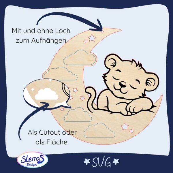 Digitale SVG-Laserdatei mit Mond, Wolken, Sternen und Babylöwe, mit/ohne Loch zum Aufhängen, Wolken als Cutout oder Gravur, personalisierbare Geburtsdaten