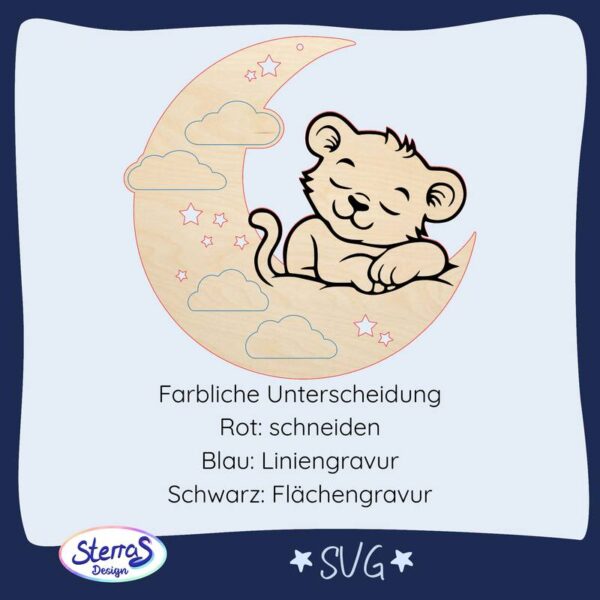 Digitale Laserdatei SVG mit Mond, Wolken, Sternen und Babylöwe, vier Varianten: mit Loch oder ohne Loch, Cutout oder Gravur, Geburtsdaten personalisierbar, Wanddekoration für Schlafzimmer, Lichtobjekt