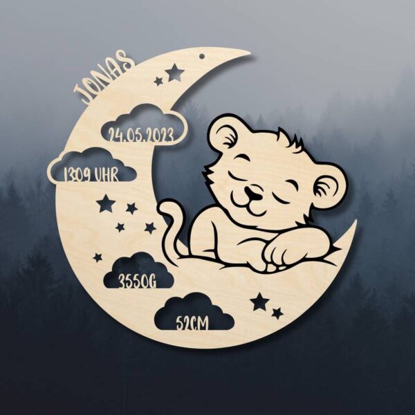 Rundes Holzschild mit Mond, Wolken, Sternen und Babylöwe, personalisierte Geburtsdaten, Laserdatei SVG, Kinderzimmer Wanddekoration, Lichtobjekt, schwarz-grauer Hintergrund