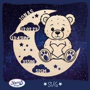 Rundes Holzschild SVG mit Mond, Wolken, Sternen, Teddybär, personalisiert mit Namen und Geburtsdaten, dunkelblauer Hintergrund