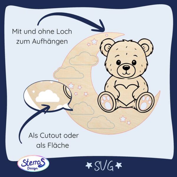 SVG rundes Holzschild mit Mond, Wolken, Sternen, Teddybär, Varianten mit/ohne Loch, Cutout oder Gravurlinien