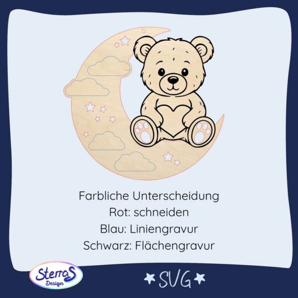Digitale SVG-Datei rundes Holzschild mit Mond, Wolken, Sternen, Teddybär, farblich markierte Schneide- und Gravurbereiche