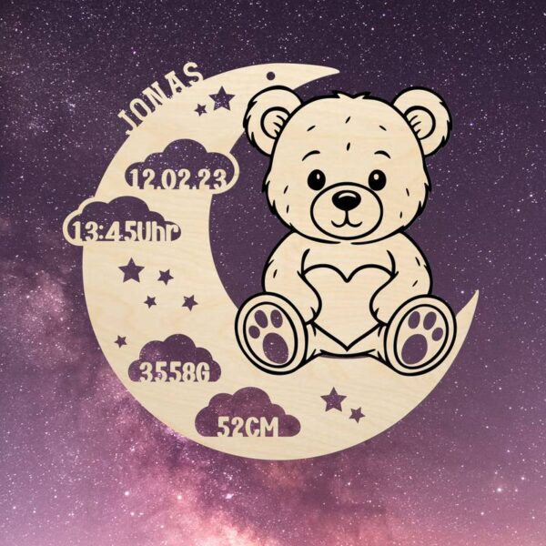 Rundes Holzschild SVG mit Mond, Wolken, Sternen und Teddybär, personalisiert, rosa-lilaner Galaxy-Hintergrund