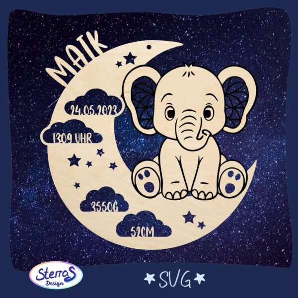 Rundes Holzschild SVG mit Mond, Wolken, Sternen, Elefant, personalisiert mit Namen und Geburtsdaten, dunkelblauer Hintergrund