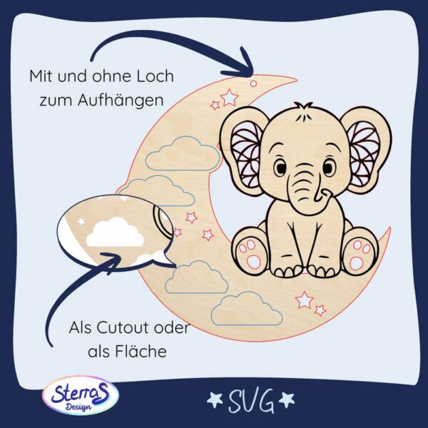 SVG rundes Holzschild mit Mond, Wolken, Sternen, Elefant, Varianten mit/ohne Loch, Cutout oder Gravurlinien