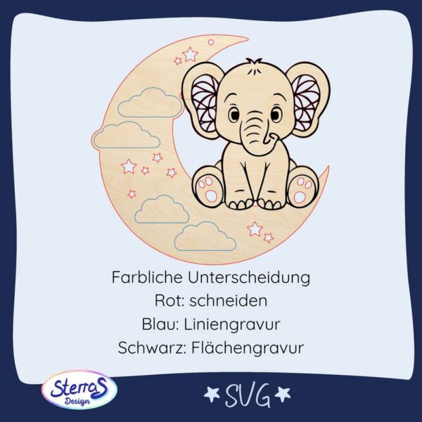 Digitale SVG-Datei rundes Holzschild mit Mond, Wolken, Sternen, Elefant, farblich markierte Schneide- und Gravurbereiche