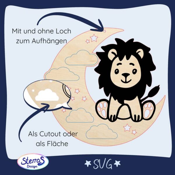 Mond-SVG mit sitzendem Löwen, wahlweise mit Loch zum Aufhängen oder als geschlossene Fläche, vielseitige digitale Datei für Lasergravur