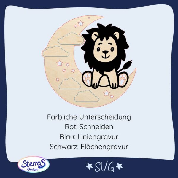 Bild 2 – Farbvarianten Löwe auf Mond SVG-Datei in unterschiedlichen Farbvarianten, digitale Designvorlage für Laser, moderne Gravurdatei mit Personalisierungsmöglichkeit