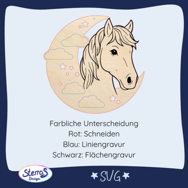 SVG-Datei Mond mit Pferdekopf, Wolken und Sternen, farbliche Markierung für Schneiden und Gravur, digital personalisierbar, blau umrandet mit Dateihinweis
