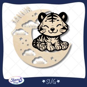 Rundes Holzschild Laserdatei SVG mit Mond, Wolken, Sternen und Tiger, personalisiert mit Namen und Geburtsdaten, Kinderzimmer Wanddekoration