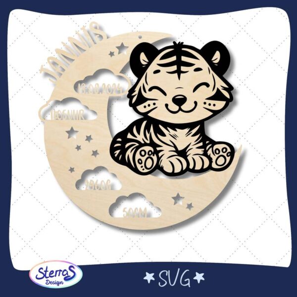 Rundes Holzschild Laserdatei SVG mit Mond, Wolken, Sternen und Tiger, personalisiert mit Namen und Geburtsdaten, Kinderzimmer Wanddekoration