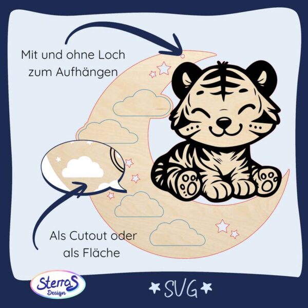 SVG-Laserdatei Mond mit Wolken, Sternen und Tiger, verfügbar mit oder ohne Loch zum Aufhängen, Wolken als Cutout oder Gravurfläche
